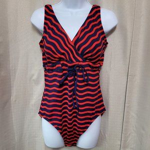 Tommy Bahama Sea Swell Faux Wrap One Piece Swimsuit Size 16 Navy Blue Red Stripe